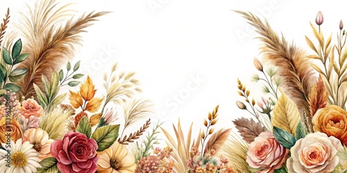 Luxury Boho Pampas Grass Watercolor Floral Border - Vintage Brown Flowers, Action Shot Design
