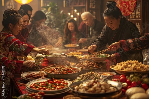 A traditional Chinese feast is prepared and enjoyed by a family to celebrate the Spring Equinox with delicious dishes.