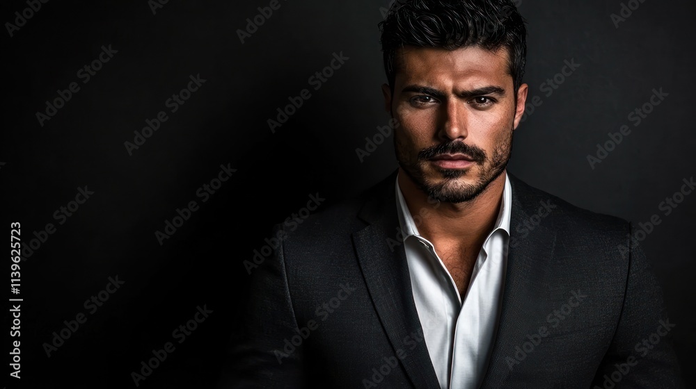 Handsome man in a black suit, serious expression, dark background. Handsome man in a black suit, serious expression, dark background.
