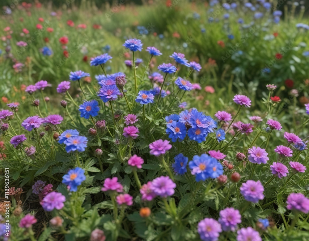 Ageratum blue in a meadow with Portulaca and empty space, flowers, portulaca Ageratum blue in a meadow with Portulaca and empty space, flowers, portulaca