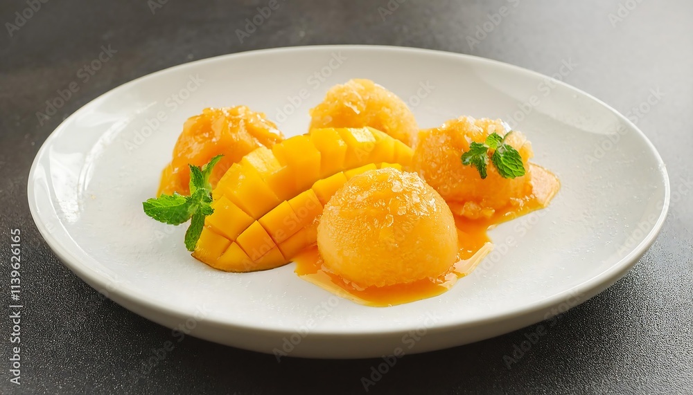Granita Ice Cream with mango and sauce on white plate Granita Ice Cream with mango and sauce on white plate