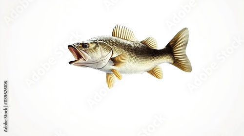 Image of an American largemouth bass fish in mid-air, full body, white background