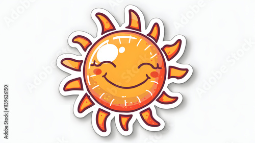 Smiling Sun Sticker Design with Rays on White Background.