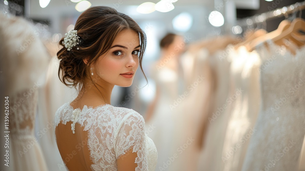 Fototapeta premium Beautiful bride in lace wedding dress, looking over shoulder in bridal shop.