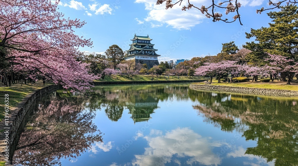 Scenic view of a castle surrounded by cherry blossoms and a reflective pond. Scenic view of a castle surrounded by cherry blossoms and a reflective pond.