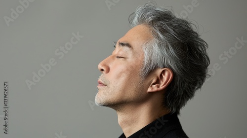 Photo of a mature, handsome Japanese man with gray hair, eyes closed in profile view on a gray background, with side lighting.generated ai 