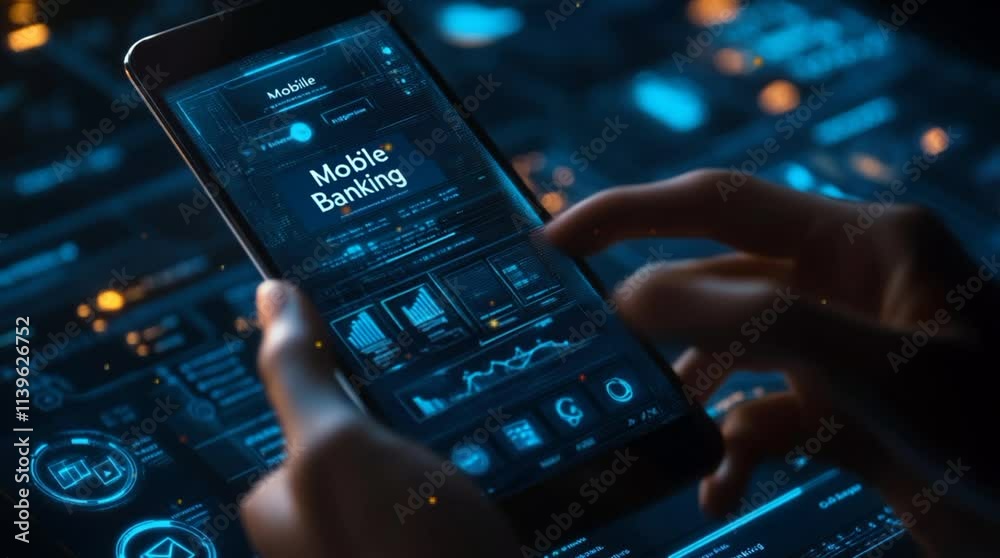A mobile banking app and intuitive interface professional fintech solution, financial health on technology futuristic background 