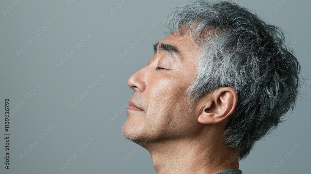 Fototapeta premium Photo of a mature, handsome Japanese man with gray hair, eyes closed in profile view on a gray background, with side lighting.generated ai 