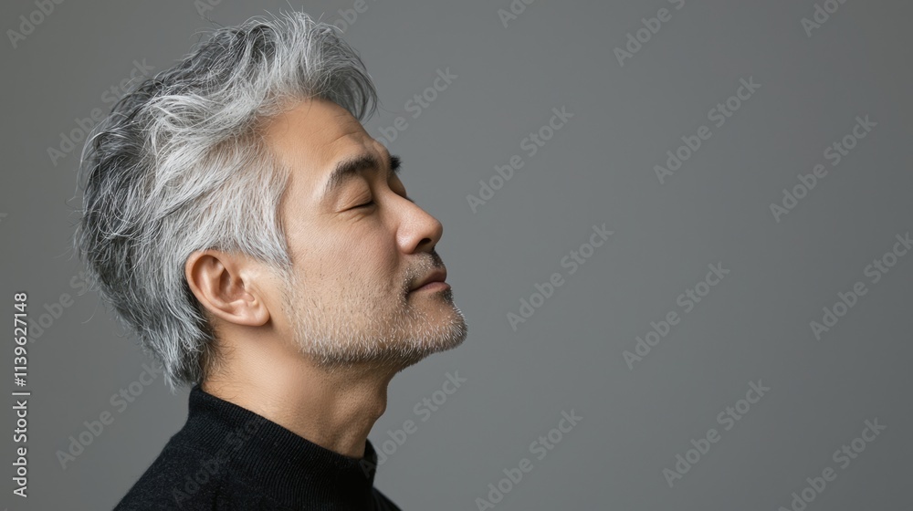 Photo of a mature, handsome Japanese man with gray hair, eyes closed in profile view on a gray background, with side lighting.generated ai	