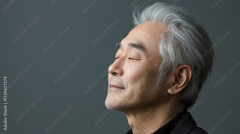 Photo of a mature, handsome Japanese man with gray hair, eyes closed in profile view on a gray background, with side lighting.generated ai Photo of a mature, handsome Japanese man with gray hair, eyes closed in profile view on a gray background, with side lighting.generated ai