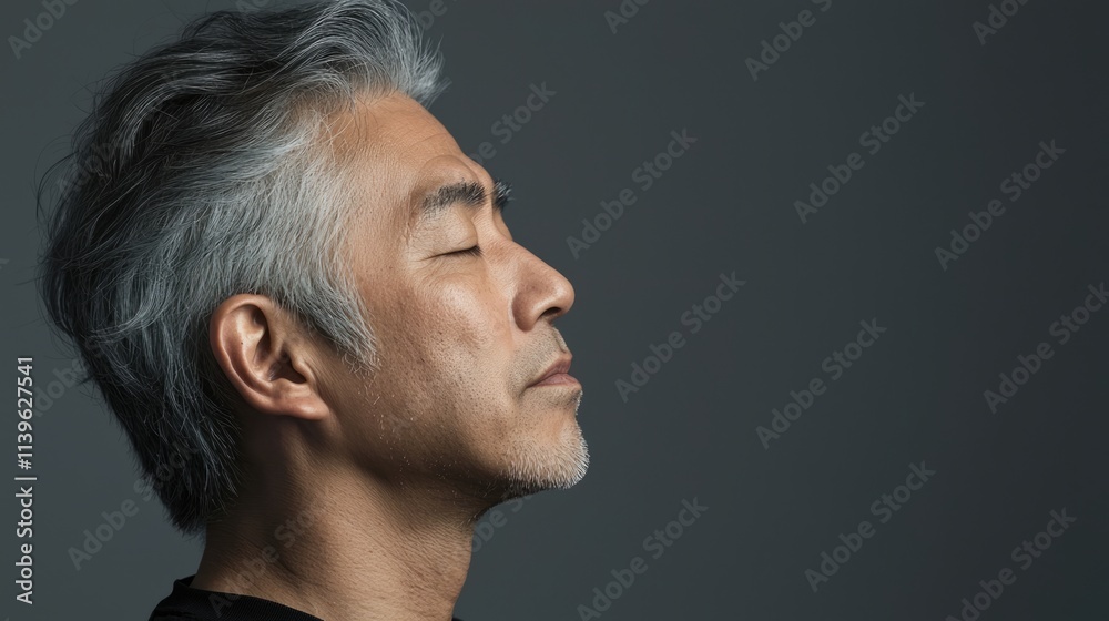 Photo of a mature, handsome Japanese man with gray hair, eyes closed in profile view on a gray background, with side lighting.generated ai Photo of a mature, handsome Japanese man with gray hair, eyes closed in profile view on a gray background, with side lighting.generated ai