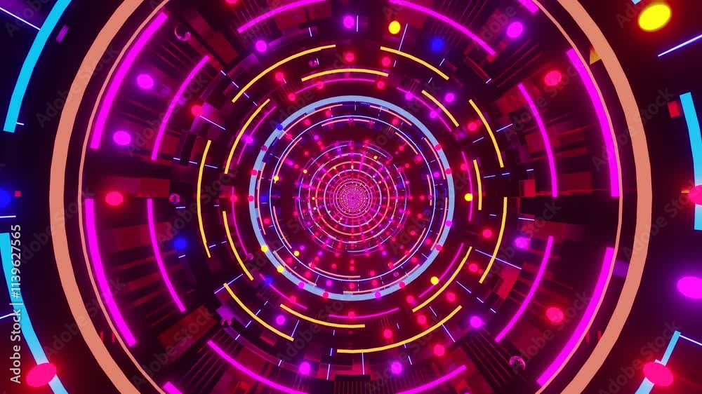 3D illustration of an abstract futuristic tunnel in motion with glowing, colorful light