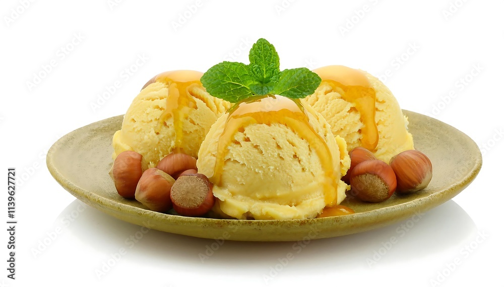 Sherbet Ice Cream with honey and hazelnuts isolated white background Sherbet Ice Cream with honey and hazelnuts isolated white background