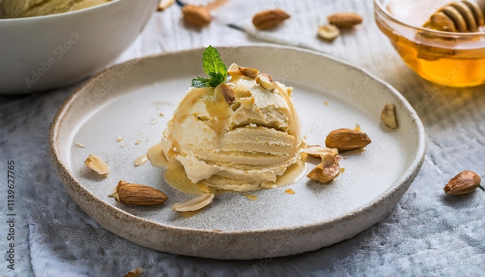 Sherbet Ice Cream with honey and nuts; natural organic food, healthy lifestyle, seasonal summer Sherbet Ice Cream with honey and nuts; natural organic food, healthy lifestyle, seasonal summer