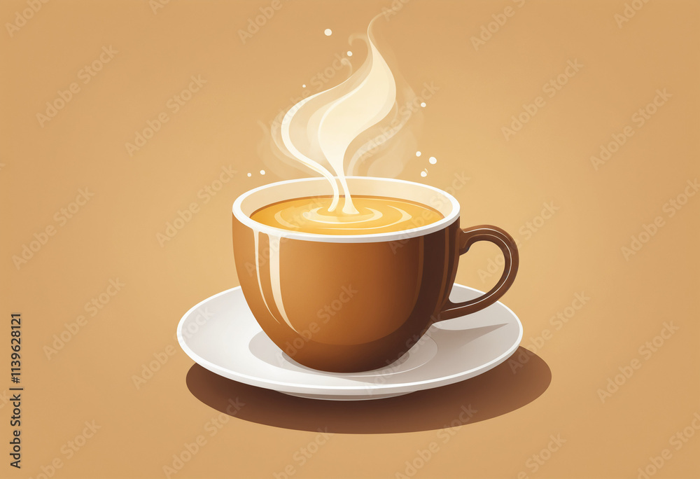 Obraz premium Steaming brown coffee cup with saucer and golden glow 
