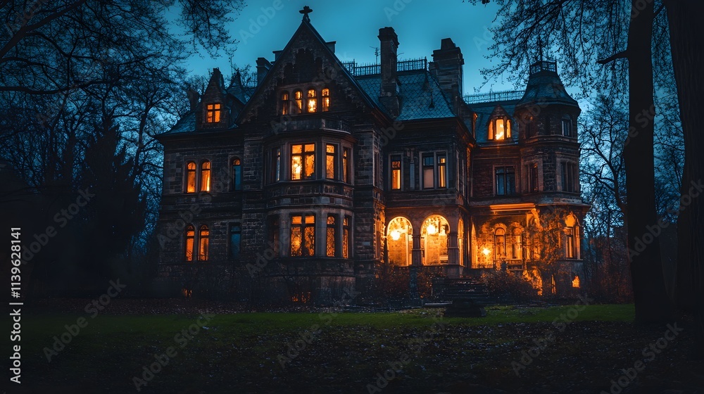 116. A spooky night scene of a creepy old mansion with lights flickering in the windows