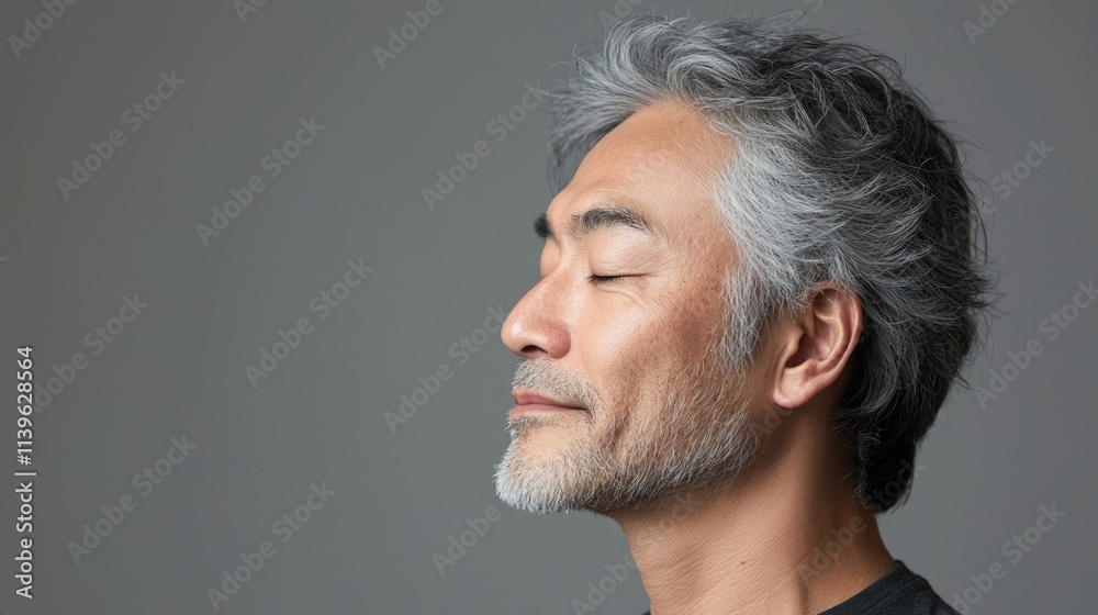 Fototapeta premium Photo of a mature, handsome Japanese man with gray hair, eyes closed in profile view on a gray background, with side lighting.generated ai 