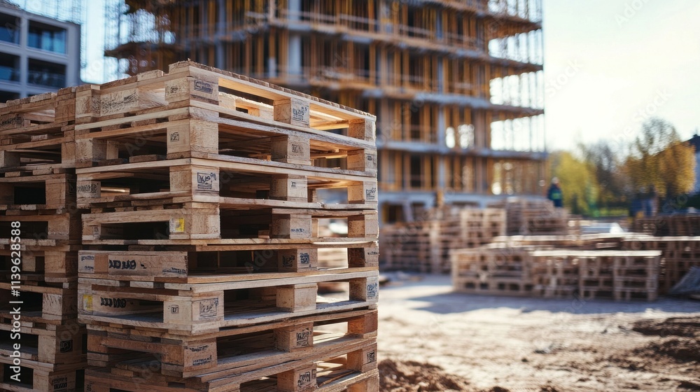 A pile of pallets stacked on a construction site, with the framework of a building under construction in the background. A pile of pallets stacked on a construction site, with the framework of a building under construction in the background.