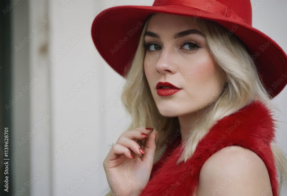 portrait of young blonde woman in red hat, realistic illustration portrait of young blonde woman in red hat, realistic illustration