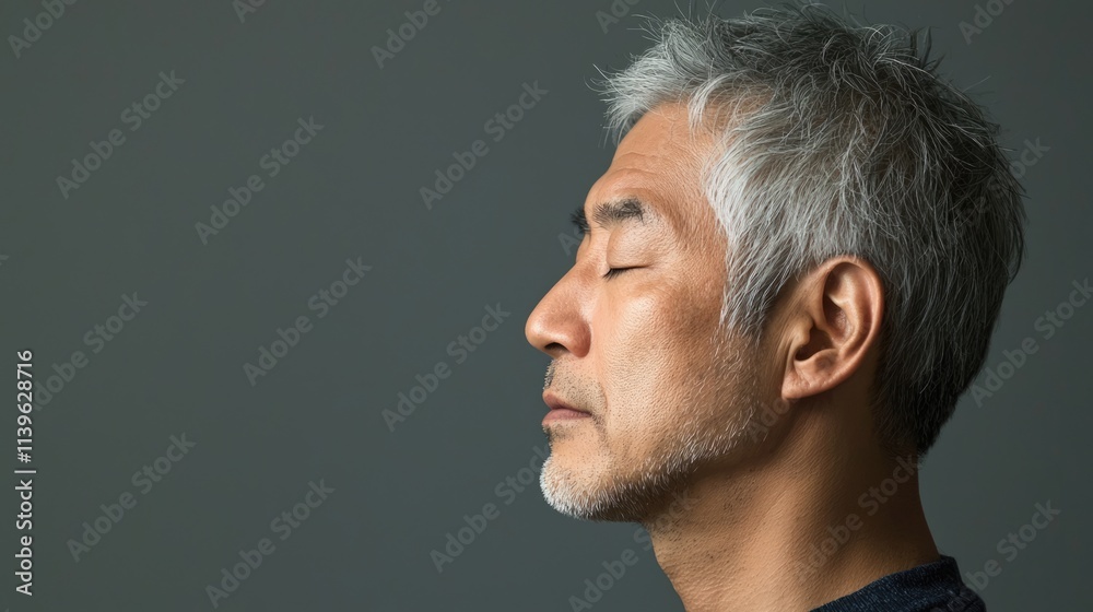 Fototapeta premium Photo of a mature, handsome Japanese man with gray hair, eyes closed in profile view on a gray background, with side lighting.generated ai 