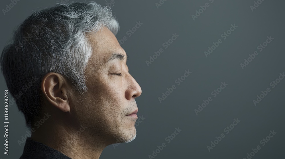 Photo of a mature, handsome Japanese man with gray hair, eyes closed in profile view on a gray background, with side lighting.generated ai Photo of a mature, handsome Japanese man with gray hair, eyes closed in profile view on a gray background, with side lighting.generated ai