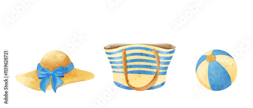 Set of watercolor beach holiday accessories. Vector women's illustrations of bag, straw hat and ball