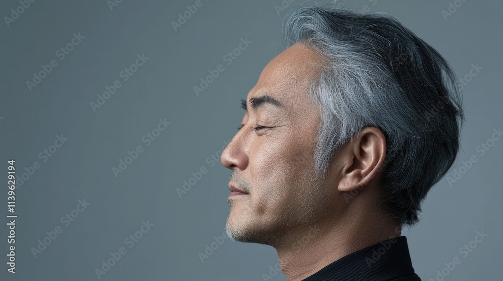 Photo of a mature, handsome Japanese man with gray hair, eyes closed in profile view on a gray background, with side lighting.generated ai Photo of a mature, handsome Japanese man with gray hair, eyes closed in profile view on a gray background, with side lighting.generated ai