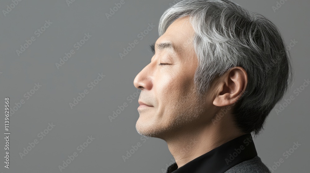 Obraz premium Photo of a mature, handsome Japanese man with gray hair, eyes closed in profile view on a gray background, with side lighting.generated ai 