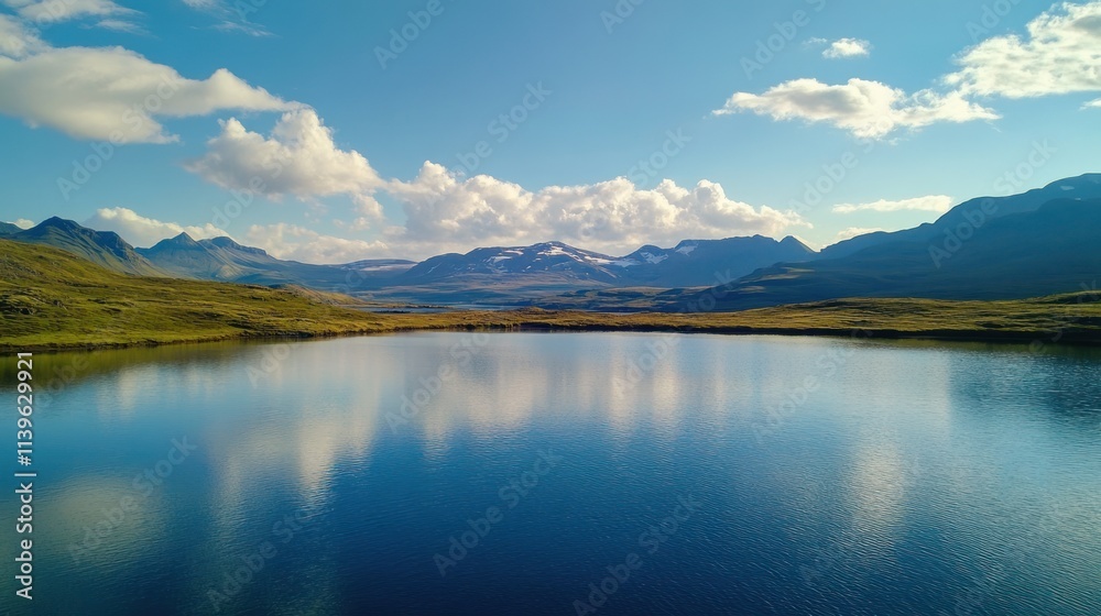 Fototapeta premium Serene lake reflecting mountains and clouds under a clear blue sky.