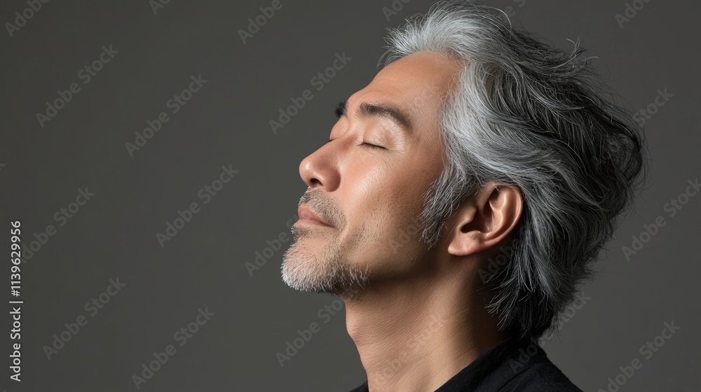 Photo of a mature, handsome Japanese man with gray hair, eyes closed in profile view on a gray background, with side lighting.generated ai Photo of a mature, handsome Japanese man with gray hair, eyes closed in profile view on a gray background, with side lighting.generated ai