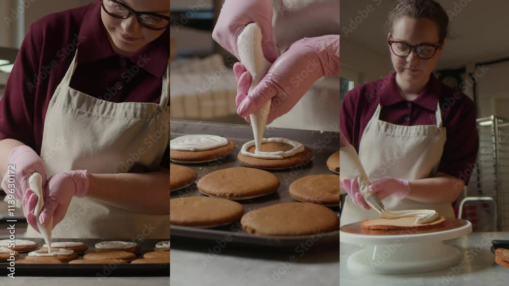 Split screen of young Caucasian female pastry chef using piping bag while decorating hingerbread cookies and cake layers with creamy, white icing