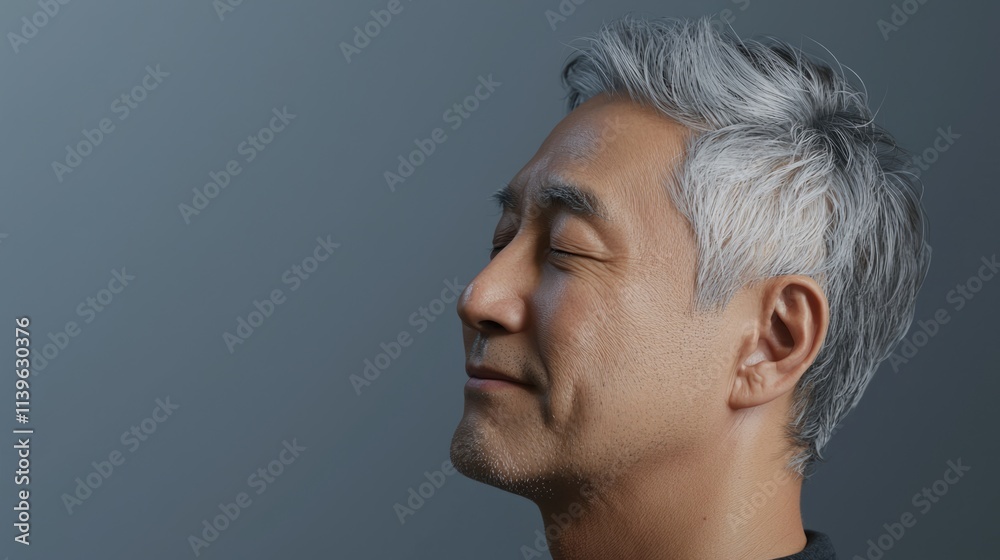 Fototapeta premium Photo of a mature, handsome Japanese man with gray hair, eyes closed in profile view on a gray background, with side lighting.generated ai 