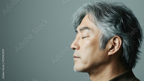 Photo of a mature, handsome Japanese man with gray hair, eyes closed in profile view on a gray background, with side lighting.generated ai 