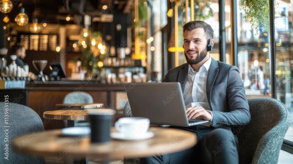 A businessman sitting in a modern coffee shop with a laptop and coffee, attending a virtual meeting or conference call. This scene is ideal for business, remote work, and productivity content. 