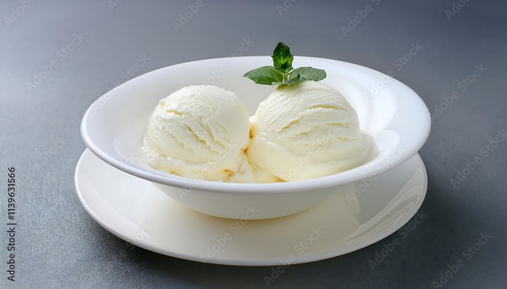 Two scoops of creamy vanilla ice cream in a white bowl. Two scoops of creamy vanilla ice cream in a white bowl.