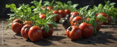 Tomato plants with Black Zebra heirloom tomatoes and greenery, , edible flowers, summertime vegetable garden photo