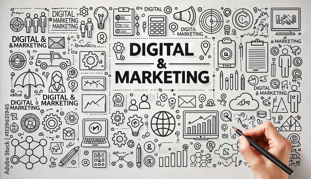 Hand drawing digital marketing symbols and graphs on a whiteboard for brainstorming ideas Hand drawing digital marketing symbols and graphs on a whiteboard for brainstorming ideas