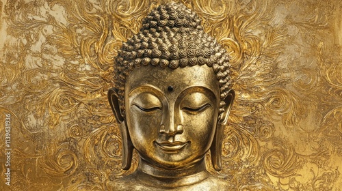 A serene gold Buddha statue framed by a golden background filled with detailed Thai patterns, symbolizing enlightenment and divine beauty. photo