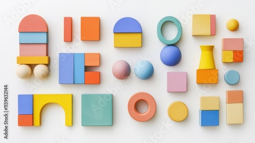 A set of colorful wooden blocks and toys for kids, isolated on a white background, offering a variety of shapes and colors for imaginative play.