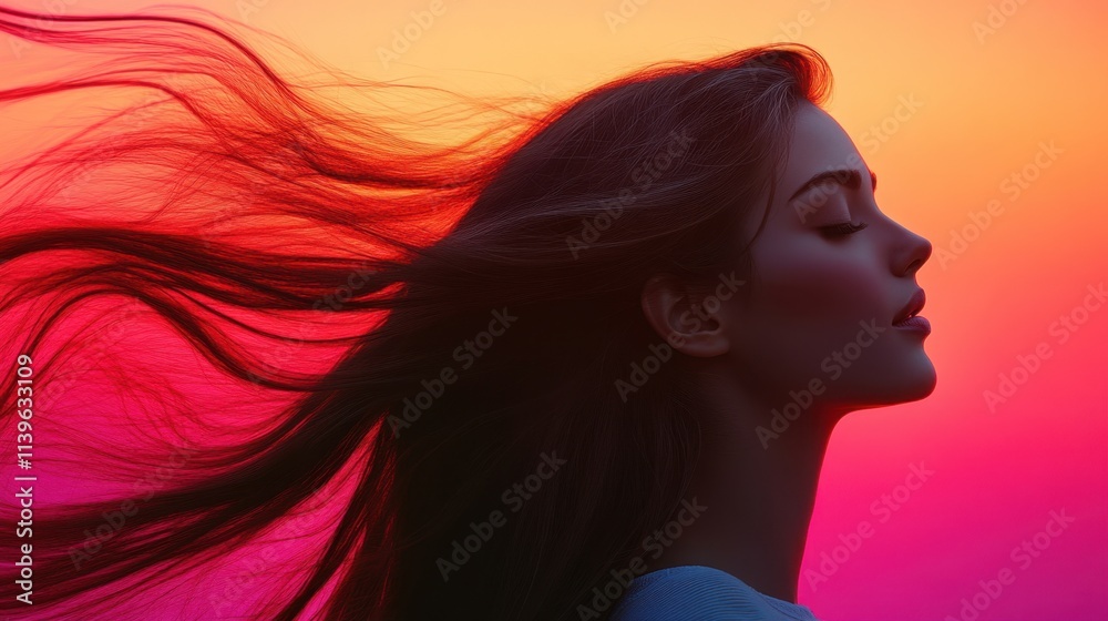 Silhouette of woman with flowing hair Silhouette of woman with flowing hair