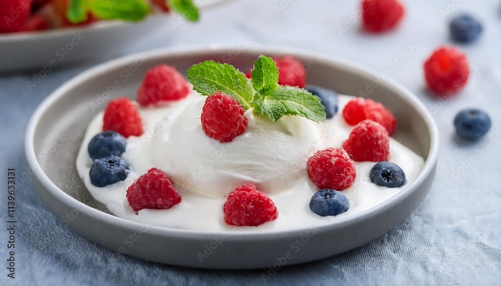 Yogurt Ice Cream with fresh berries and mint; close up Yogurt Ice Cream with fresh berries and mint; close up