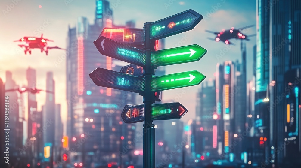 Futuristic city signage with flying vehicles. Futuristic city signage with flying vehicles.