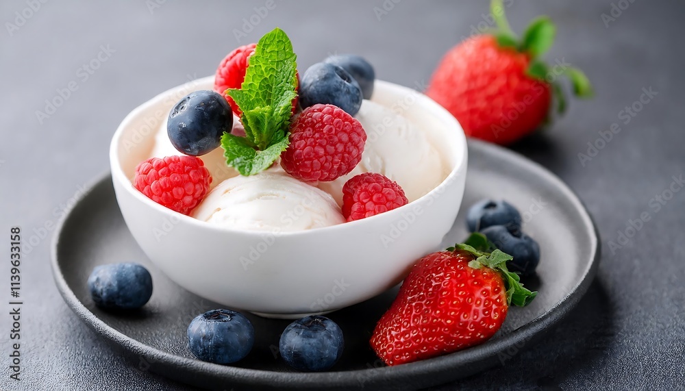 Yogurt Ice Cream with fresh berries and mint; close up Yogurt Ice Cream with fresh berries and mint; close up
