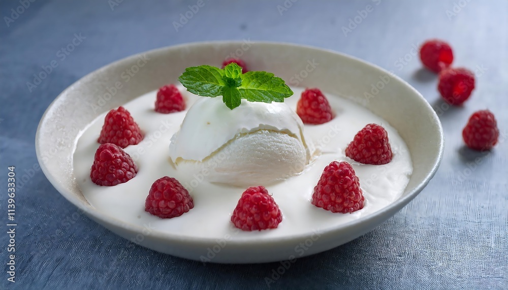 Yogurt Ice Cream with raspberries and a sprig of mint Yogurt Ice Cream with raspberries and a sprig of mint