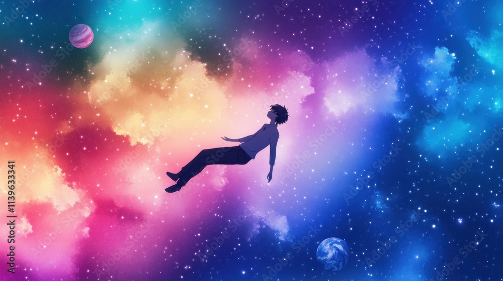 Naklejka premium Dreamlike exploration of the universe through vibrant colors and cosmic elements featuring a silhouetted figure floating amidst celestial bodies, planets, and galaxies.