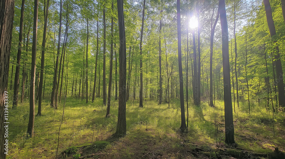 Obraz premium Panoramic view of a serene forest with sunlight filtering through tall trees, creating vibrant light patterns on the ground, evoking tranquility and natural harmony