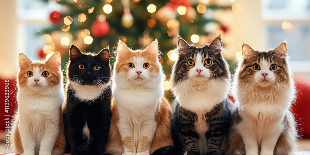 Group of cats sitting near a Christmas tree Group of cats sitting near a Christmas tree