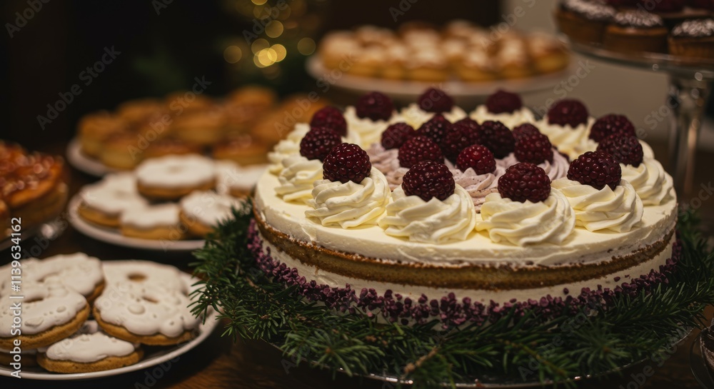 Traditional Christmas cake with fruits and nuts on a light table and light background. Dessert for the winter holidays. Christmas decorations and lights Traditional Christmas cake with fruits and nuts on a light table and light background. Dessert for the winter holidays. Christmas decorations and lights