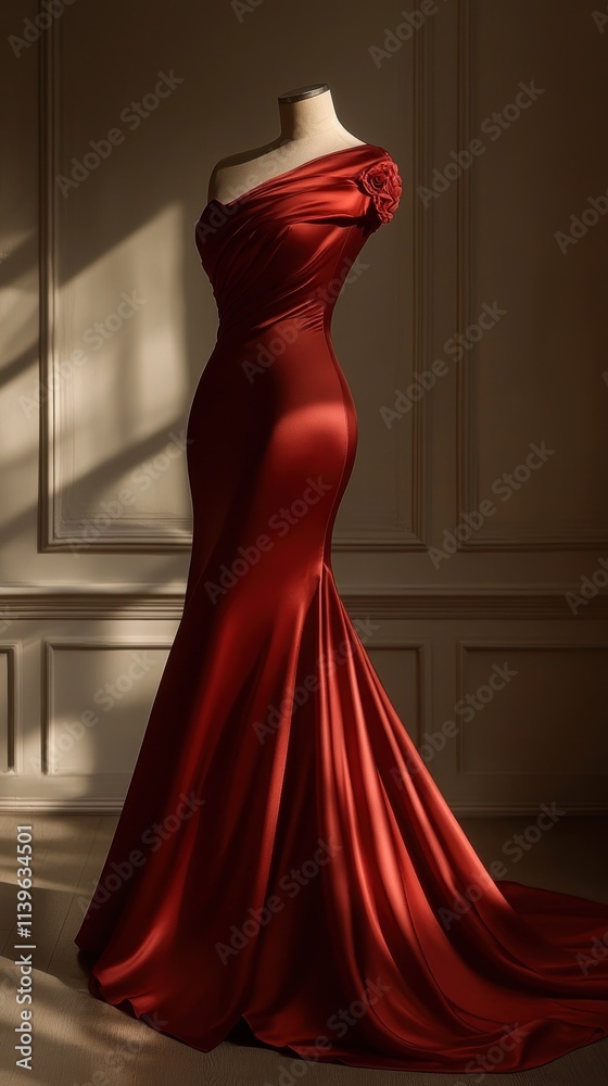 A sophisticated evening dress banner highlighting a deep red silk gown with an elegant train, set against a clean background with soft lighting to showcase its beauty. A sophisticated evening dress banner highlighting a deep red silk gown with an elegant train, set against a clean background with soft lighting to showcase its beauty.