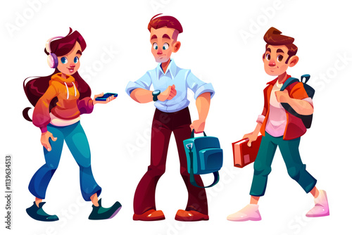 Young people characters in modern casual outfits - girl with headphones and smartphone, businessman with briefcase checking watch, student with backpack and book. Crowd poses for urban waiting station